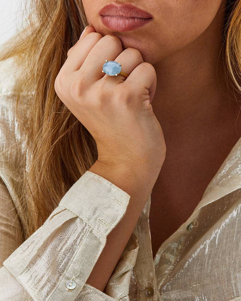 Nanis Anello "IPANEMA" in oro, acquamarina e dettagli di diamanti (grande) – Nanis Italian Jewels Comprane uno, ottenene uno gratis