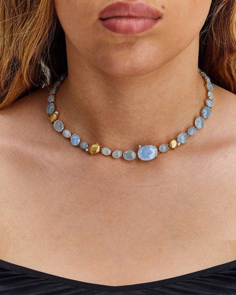 Nanis Collana girocollo "IPANEMA" in oro, acquamarina e diamanti – Nanis Italian Jewels In Vendita