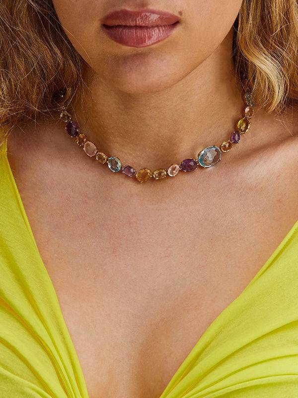 Nanis Collana girocollo "IPANEMA" in oro, ametista, quarzo e topazio blu – Nanis Italian Jewels Rilascio limitato