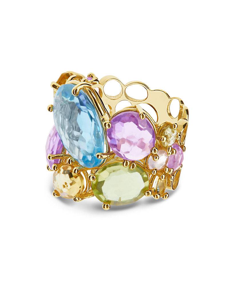 Nanis Anello "IPANEMA" a fascia in oro, ametista, topazio blu e quarzo – Nanis Italian Jewels