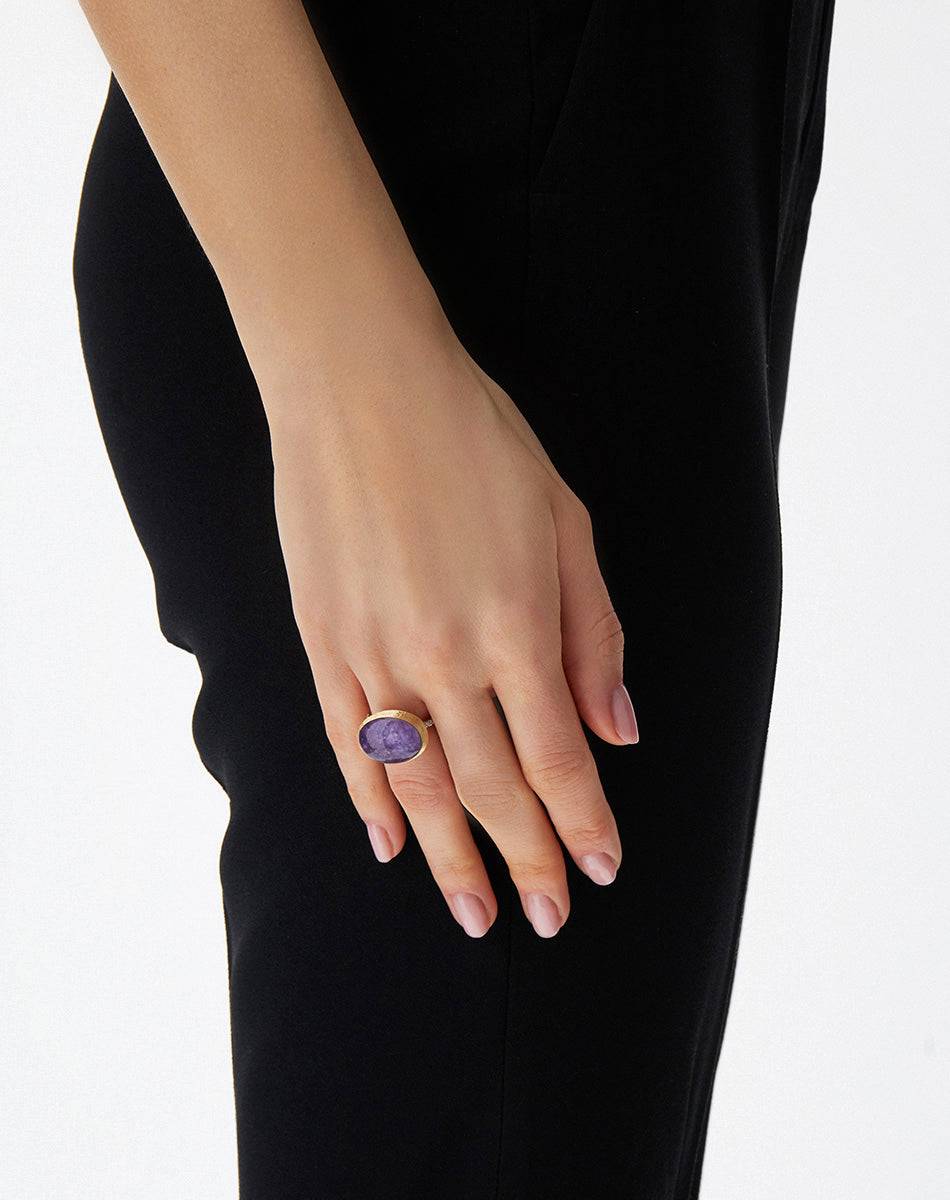 Nanis Anello Violetta "Boules" in oro inciso, diamanti, lepidolite e madrepe – Nanis Italian Jewels Negozi Online