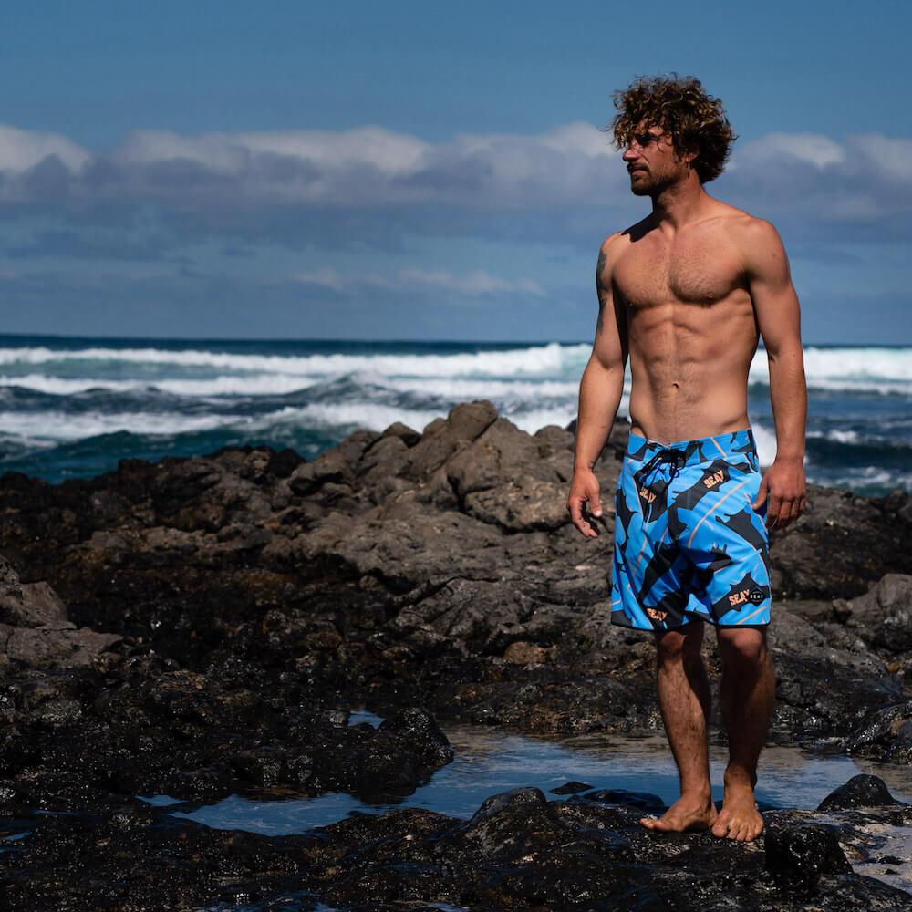 Seay / Boardshort Nero Blu Foglie Banano Alapai Negozio