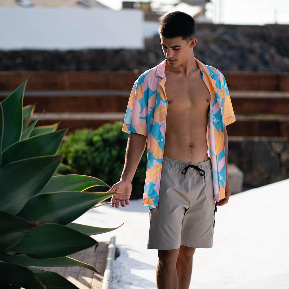 Seay / Camicia Hawaiana Rosa Blu Foglie Banano Soddisfazione Garantita