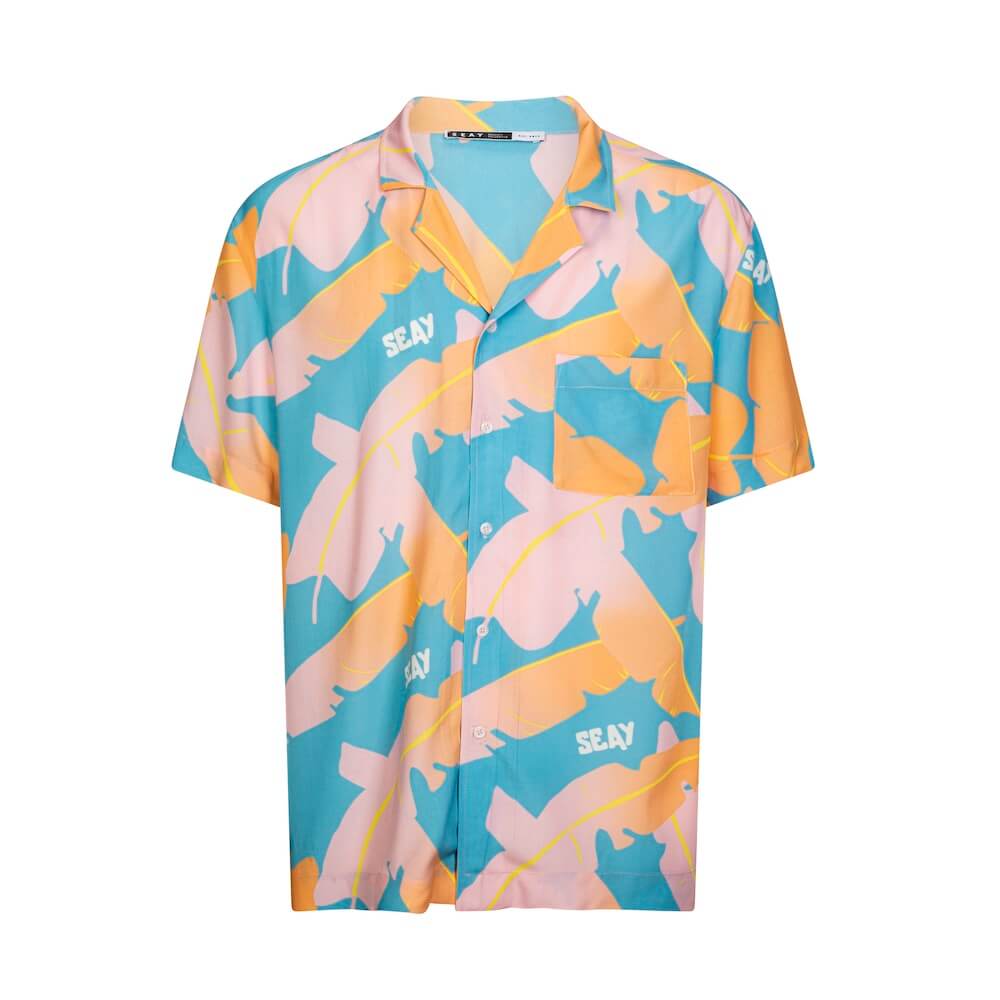 Seay / Camicia Hawaiana Rosa Blu Foglie Banano Soddisfazione Garantita