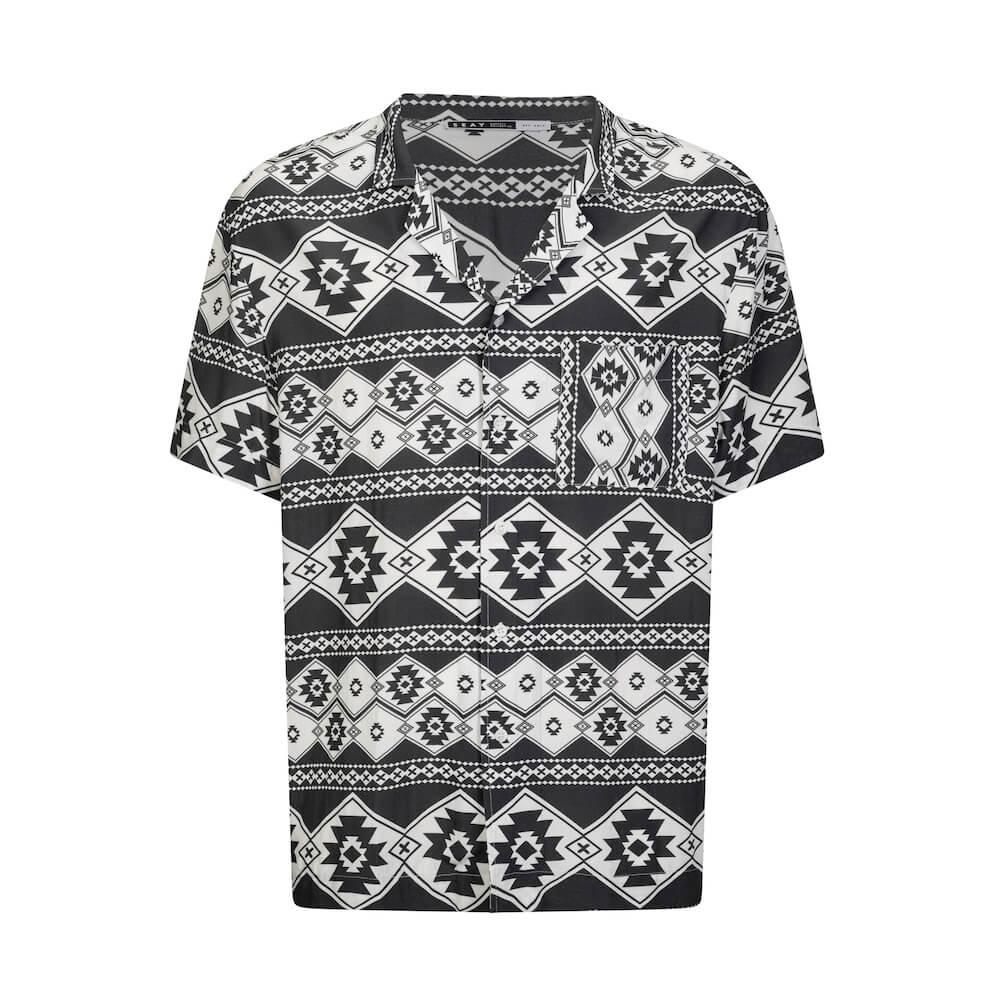 Seay / Camicia Hawaiana Bianco Nera Stampa Nativa Qualità Garantita