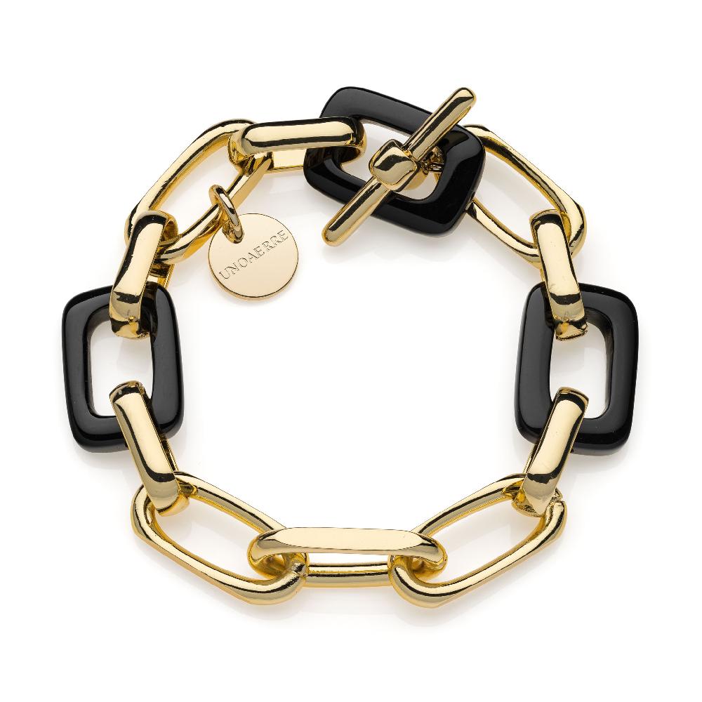 Unoaerre Bracciale di catena forzatina con bagno in oro e maglie in onice nera. | UNOAERRE Gioielli
