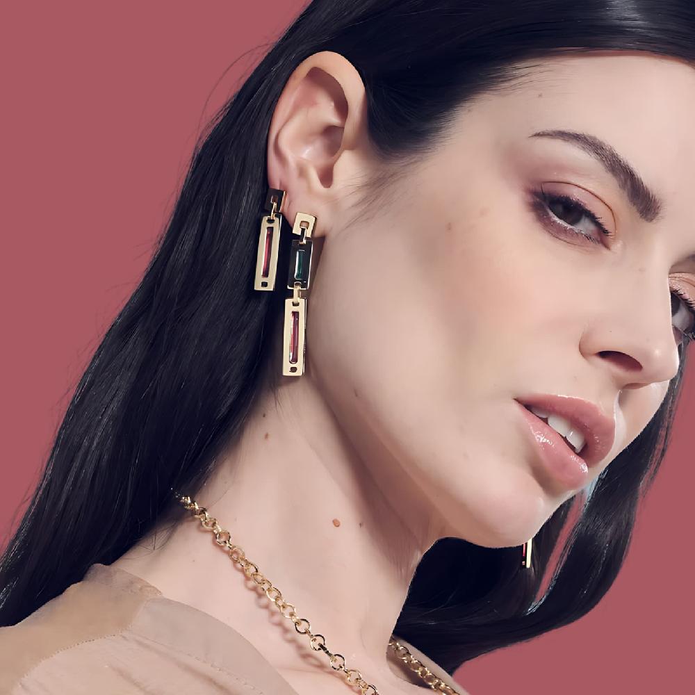Unoaerre Orecchini lunghi donna con smalto verde e rosa | UNOAERRE Gioielli Qualità Garantita