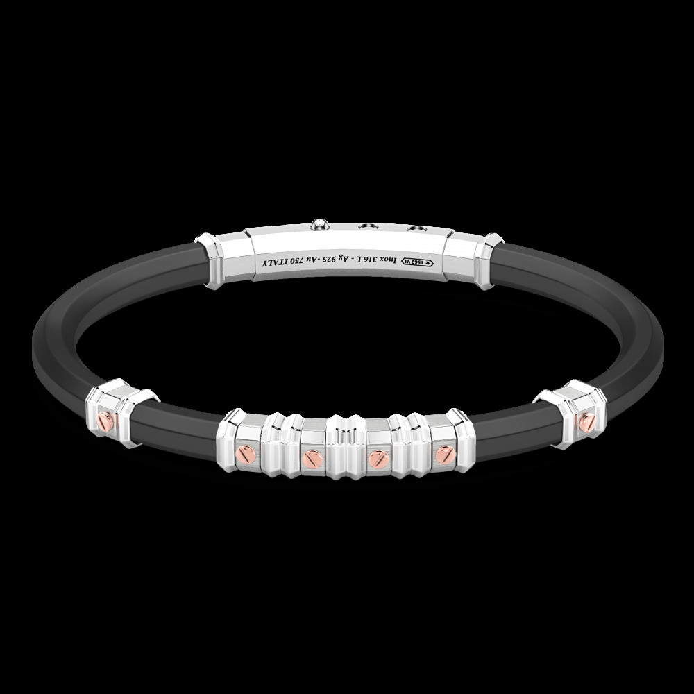 Zancan Bracciale Zancan in silicone nero con targa in argento e dettagli in oro rosa