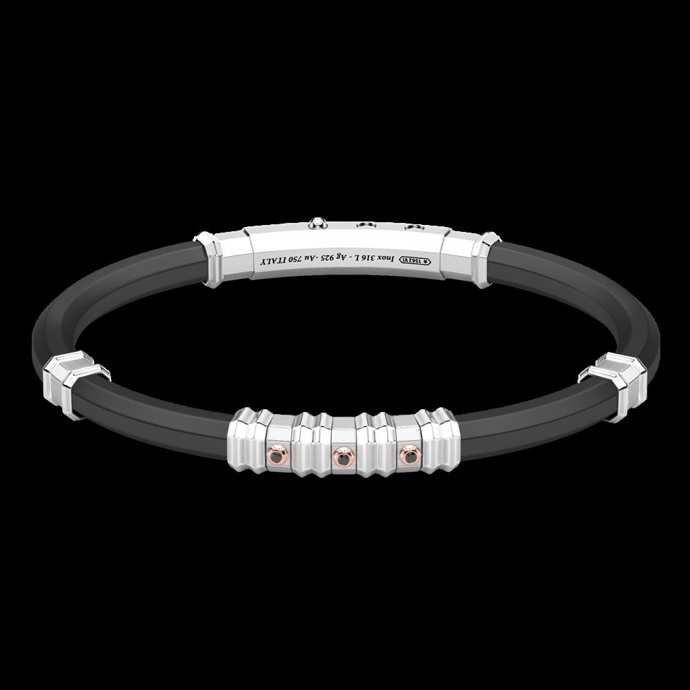Zancan Bracciale Zancan in silicone nero con targa in argento e dettagli in oro rosa